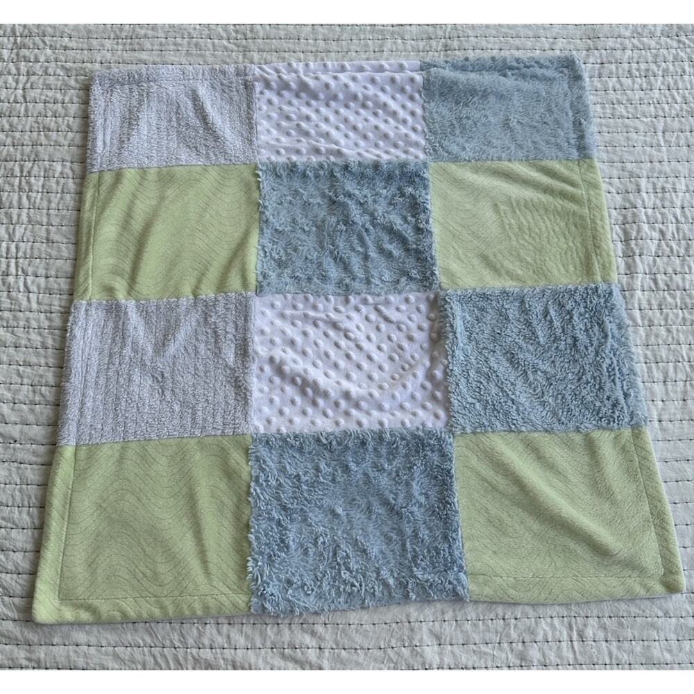 Baby Essentials Blue Green White Patchwork Baby Blanket Minky Dot Security Lovey